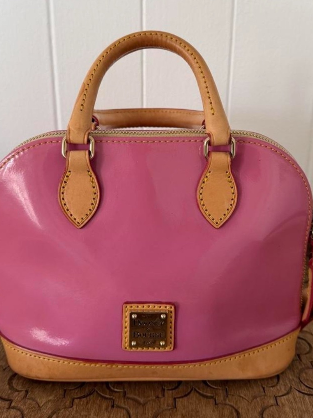 Dooney & Bourke Pink Patent Satchel with Tan Trim